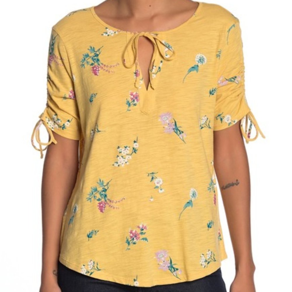 Lucky Brand Yellow Floral Top with Ruched Sleeves
